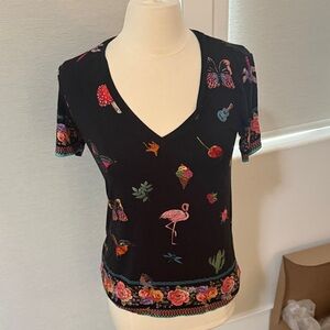 Johnny Was Black V-Neck Short Sleeve Top with Pink Flamingo & Multicolor Motifs